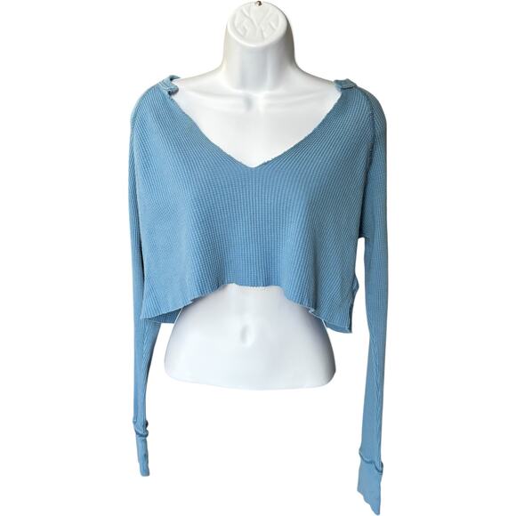 BDG waffle-knit thermal cropped long sleeve top blue V-neck raw hem S - Picture 2 of 6